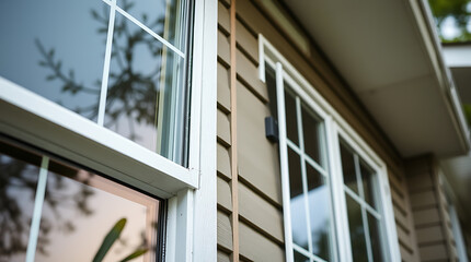 Fototapeta premium Exterior View of House with White-Framed Windows and Brown Siding