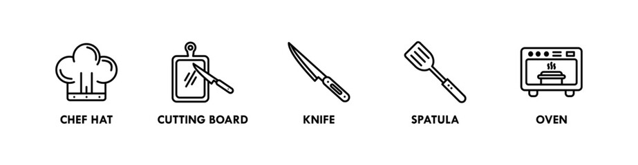 Kitchen Set banner web icon illustration concept with icon of chef hat, cutting board, knife, spatula, and oven