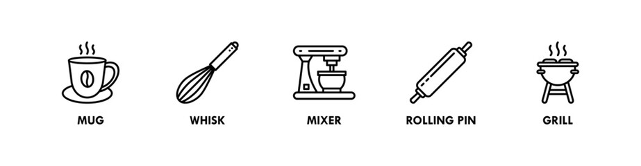 Kitchen Set banner web icon illustration concept with icon of mug, whisk, mixer, rolling pin, and grill
