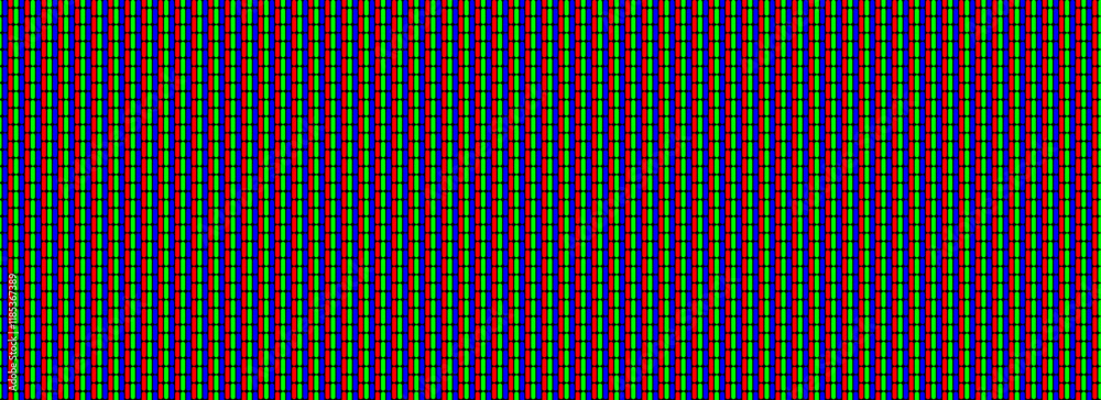 Poster Seamless RGB pixel pattern. Repeating LED screen background. LCD display dots wallpaper. Red Green Blue pixelated monitor texture. Repeated crt display backdrop. Vector