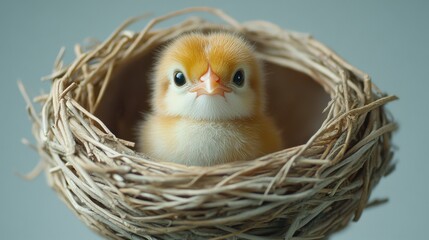 Obraz premium A cute chick nestled in a woven nest, showcasing nature's beauty and new beginnings.