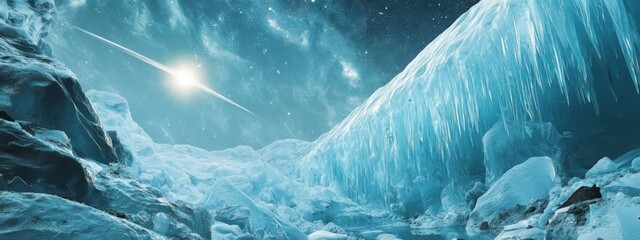 An extraordinary view of a remote ice canyon with towering, translucent ice walls and a rare, bright comet streaking across the clear