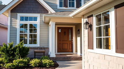 Exterior view of a light beige house with brown accents. Features a brown front door, large windows with white frames, and landscaping.  The house has a traditional style.