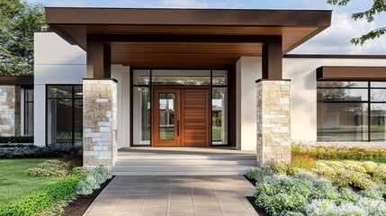 modern house exterior, white siding, wood accents, stone facade, large windows, manicured lawn, landscaped garden, architectural photography, clean lines, contemporary design, residential home, front 