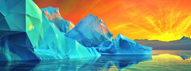 Obraz premium An extraordinary view of a remote iceberg with intricate geometric patterns and a rare green flash occurring at sunset, Iceberg scene, Geometric style