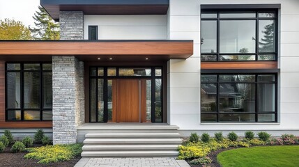 Fototapeta premium modern house exterior, white siding, wood accents, stone facade, large windows, manicured lawn, landscaped garden, architectural photography, clean lines, contemporary design, residential home, front 