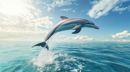 Fototapeta premium Dolphin leaping from ocean, sunny sky. (2)
