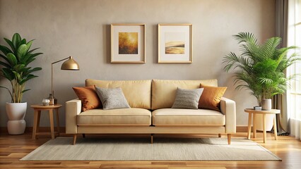 Empty wall, modern beige living room with a comfy sofa.