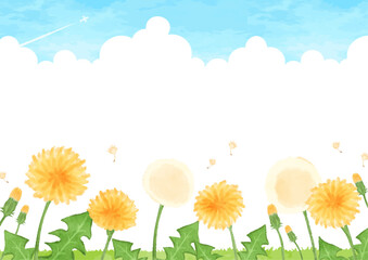 手描きのタンポポと青空の風景イラスト