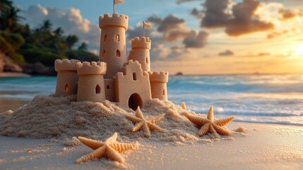 A beautifully crafted sandcastle on a beach at sunset, surrounded by starfish.