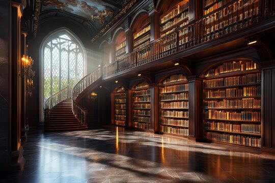 Elegant historical library with grand staircase and sunlit bookshelves