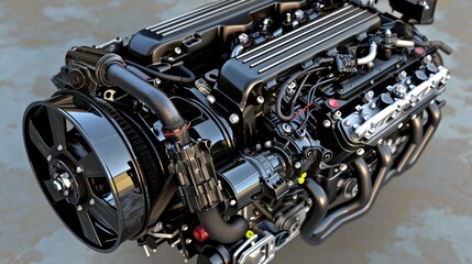 Fototapeta premium workings of a car engine, focusing on components such as the timing belt, camshaft, and exhaust manifold. 