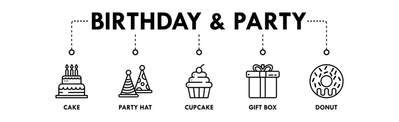 Birthday and Party banner web icon illustration concept with icon of cake, party hat, cupcake, gift box, and donut