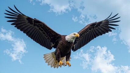 Obraz premium A majestic bald eagle soars against a clear blue sky, its powerful wings outstretched in perfect symmetry, with striking dark brown and snowy white feathers glistening in the light