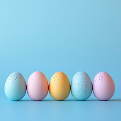 Fototapeta premium A Simple and Minimalist Design Featuring Pastel Colored Eggs Against a Soft Blue Background, Ideal for Easter Celebrations and Festive Themes for the Chinese New Year