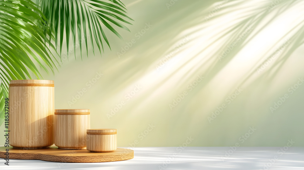 Poster a serene arrangement of wooden containers against a soft green background, complemented by gentle li