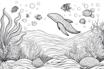 Obraz premium Hand-drawn underwater scene with whale and tropical fish in coral reef