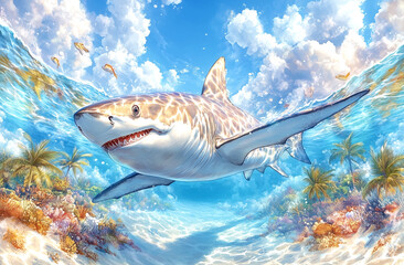 A shark is swimming in the ocean with a blue sky in the background. The shark is surrounded by fish and coral