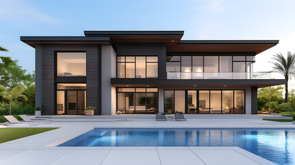 A modern, sleek house with large windows, surrounded by greenery and featuring a swimming pool, exemplifying contemporary architectural design