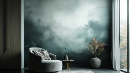 Serene Minimalist Living Room: A modern and stylish living room with a stunning teal and gray cloudy wall mural, featuring a plush gray armchair, a side table, and a potted plant.