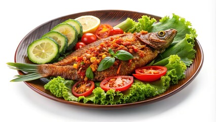 Light and crispy catfish in a flavorful pecel sauce.  A visually appealing,  easy-to-eat dish.