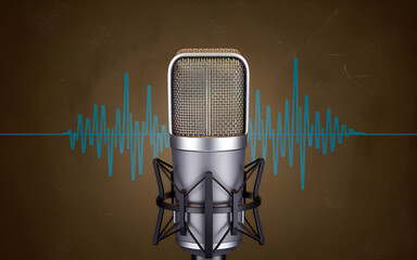 Microphone with sound waves. podcasting and audio recording work. mic with waves. radio podcast broadcasting microphone.