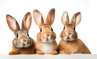 Obraz premium Three rabbits with curious faces wiht hand on a table on white background