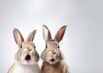 Two rabbits look amazed on gray background with copy space