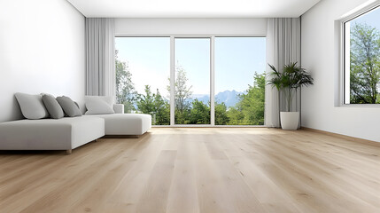 A bright, modern living room featuring a light wooden floor, large windows with a scenic view, and a minimalist white couch with cushions
