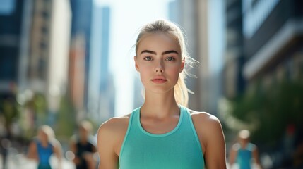 Young woman exercising outdoors in a bustling urban environment during daytime.