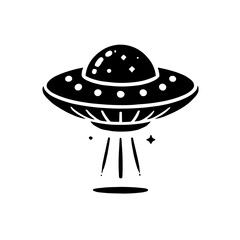 Unidentified Flying Object: Black and white illustration of a UFO, classic sci-fi spaceship design, hovering above the ground with beams of light. perfect for graphic design, prints, and more 