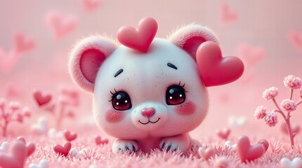 Obraz premium Cute, white, bear-like character with pink heart accents on its head is shown in a field of pink hearts