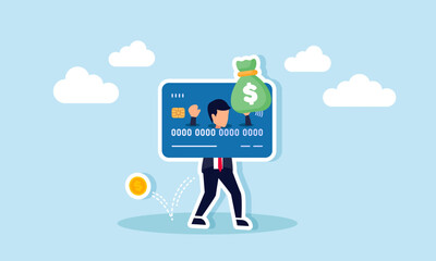 A businessman carries a sack of money stuck on a debit or credit card with dollar coins falling from his pocket, illustration of financial assets seized and reduced due to debt burden