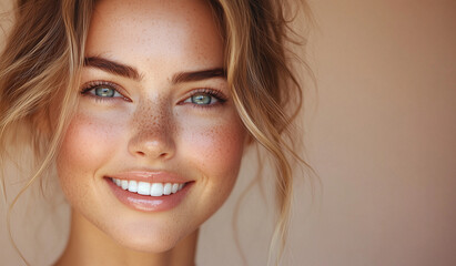 Fototapeta premium A cheerful close-up portrait of a freckled woman with radiant skin and a bright smile. The image highlights natural beauty, glowing skin, and the joy of self-confidence.