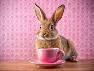 Pink-cup coffee, adorable bunny, a chic photography moment.