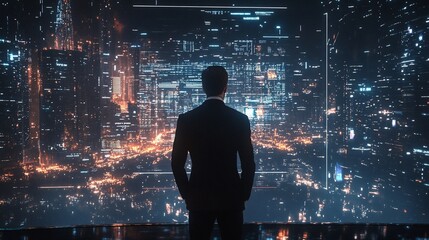 Businessman looking at futuristic city view projected on large screen.