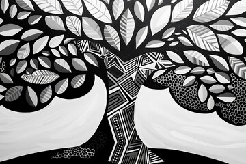 Black and white stylized tree artwork. Intricate leaf patterns, geometric trunk, and flowing forms create a visually striking piece.