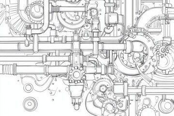 Intricate mechanical blueprint with gears and pipes
