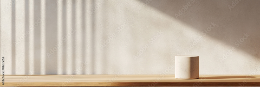 Aufkleber minimalist design featuring cylindrical object on wooden surface, with soft shadows and light creati