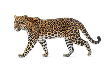 Fototapeta premium A majestic leopard strides across a white background, showcasing its powerful gait and intricate spotted coat. Wildlife Animals.