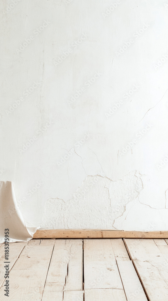 Poster textured white wall with cracks and wooden floor, creating rustic atmosphere