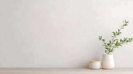 Minimalist decor with potted plants on wooden table against neutral wall