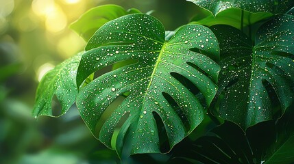 Obraz premium Lush Green Monstera Leaves Glistening With Dew Drops