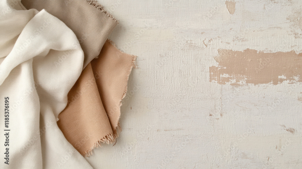 Poster soft fabric textures in neutral tones on rustic background evoke warmth and comfort
