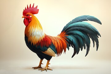 Fototapeta premium A vibrant rooster with orange, red, and teal feathers stands majestically against a soft beige background.