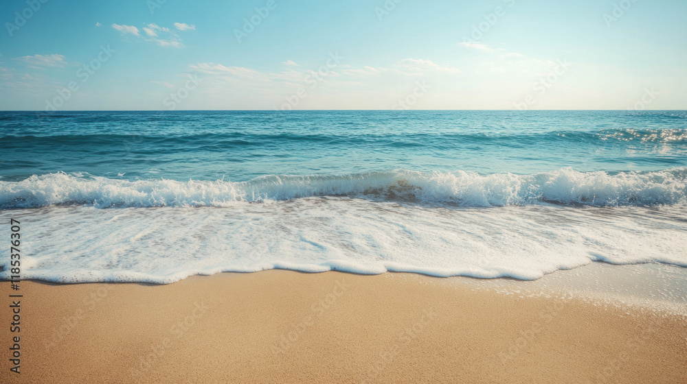 Poster serene beach scene with gentle waves lapping at sandy shore, evoking tranquility and relaxation