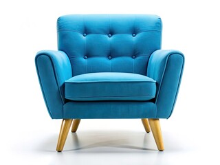 Studio-shot panoramic blue armchair, isolated on white.  Perfect for home decor; furniture photography.