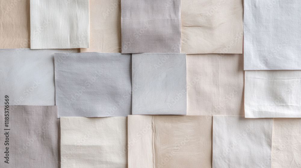 Poster textured fabric swatches in neutral tones, showcasing various shades and patterns. ideal for design 