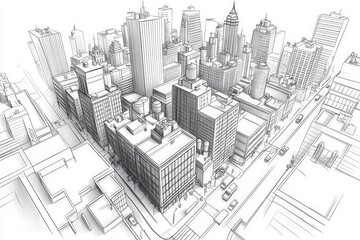 Monochrome sketch of urban cityscape with high-rise buildings and streets