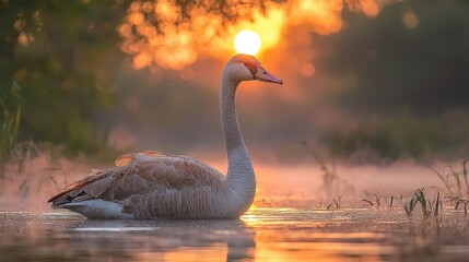 Fototapeta premium Elegant Swan Silhouetted Against Sunrise